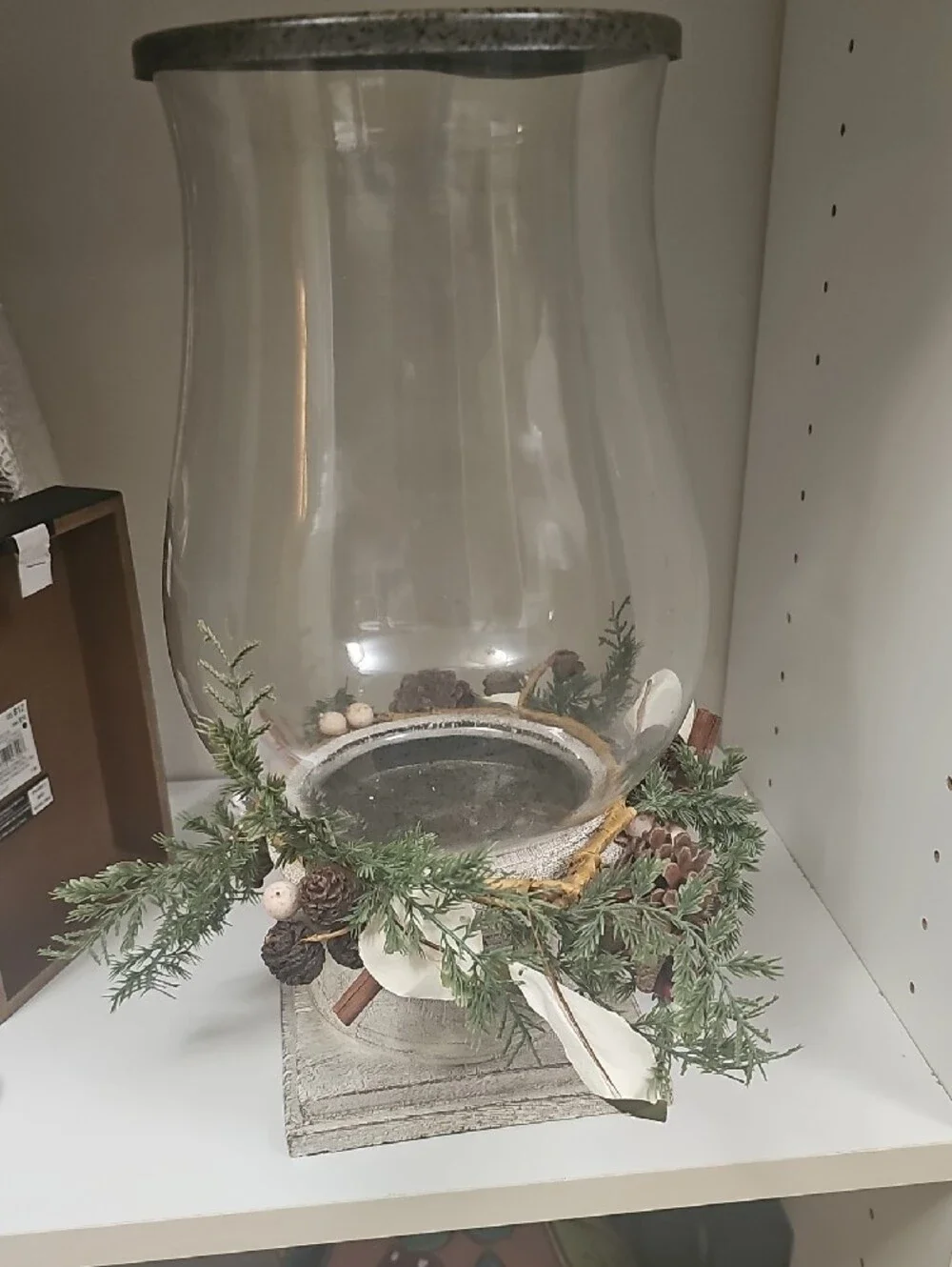 Huge Rustic Glass Hurricane Lantern with Pine & Pinecone Wreath 14